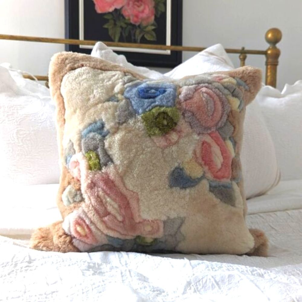 Vintage Floral Shearling Throw Pillow V2 - Picture 2 of 9